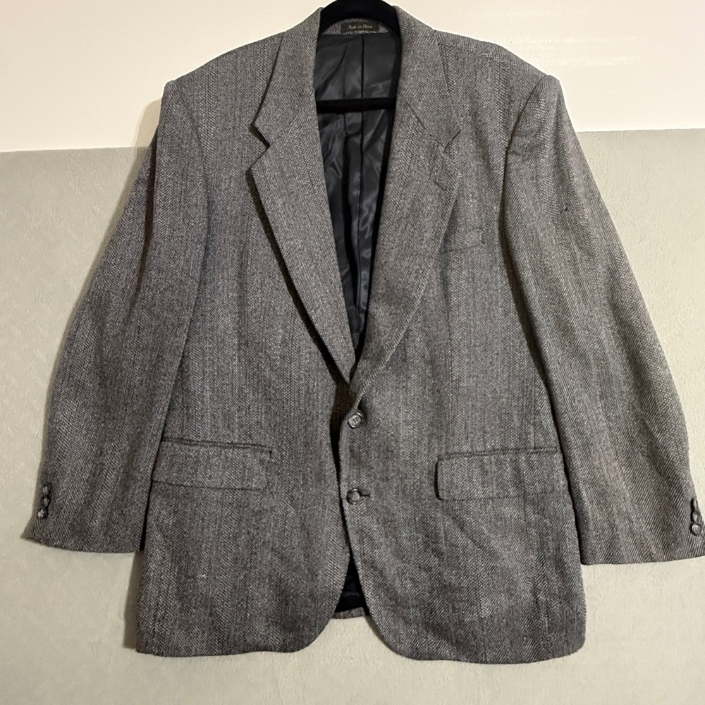 Jordache Mens 44R Grey Herringbone Silk Wool Blend Vintage Blazer Sport Coat 90s